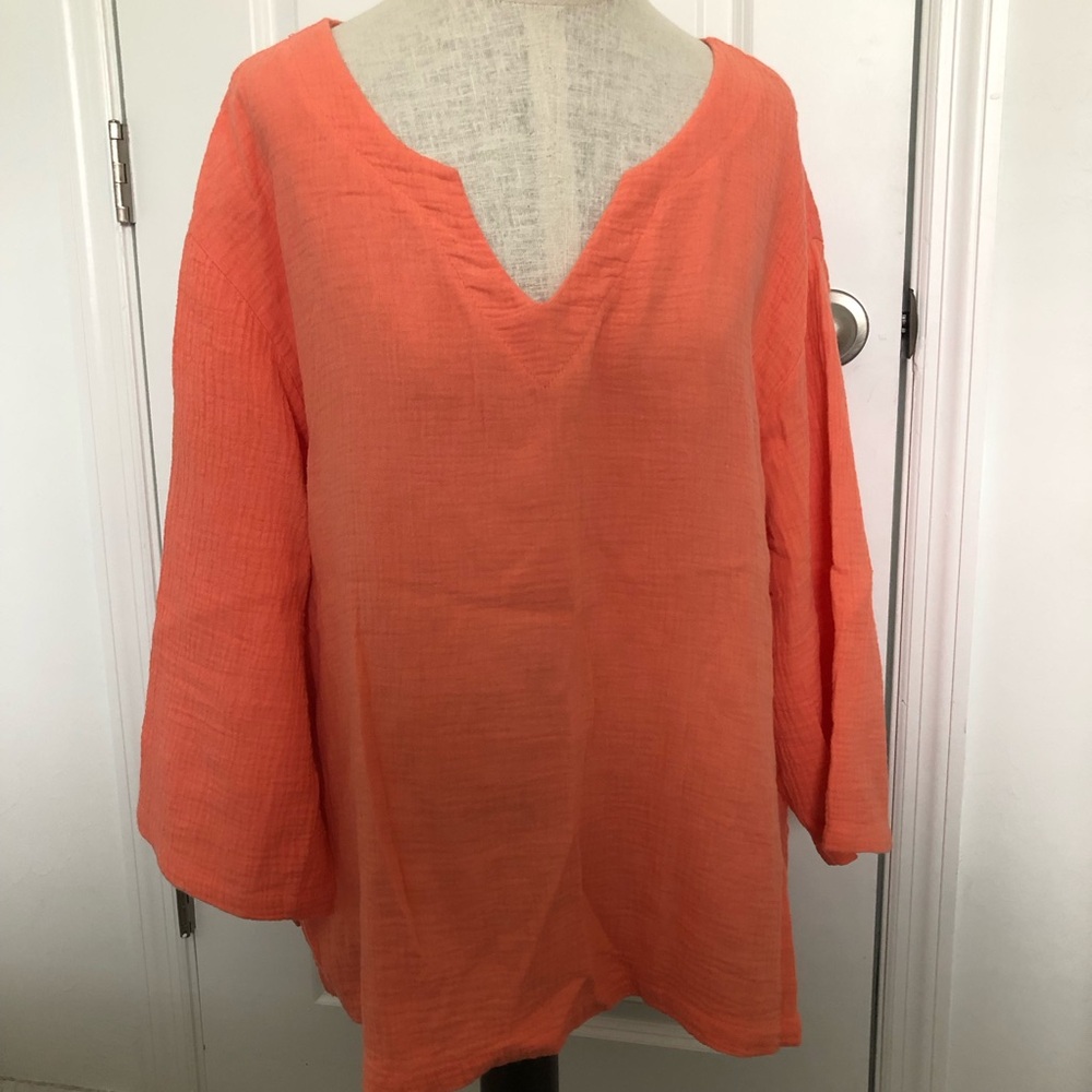 Sun Moda Sherbet Orange V-Neck Cotton Gauze Lightweight Tunic Top